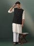 Vastramay Mens Black Jacquard Cotton Jacket Kurta Pyjama Set