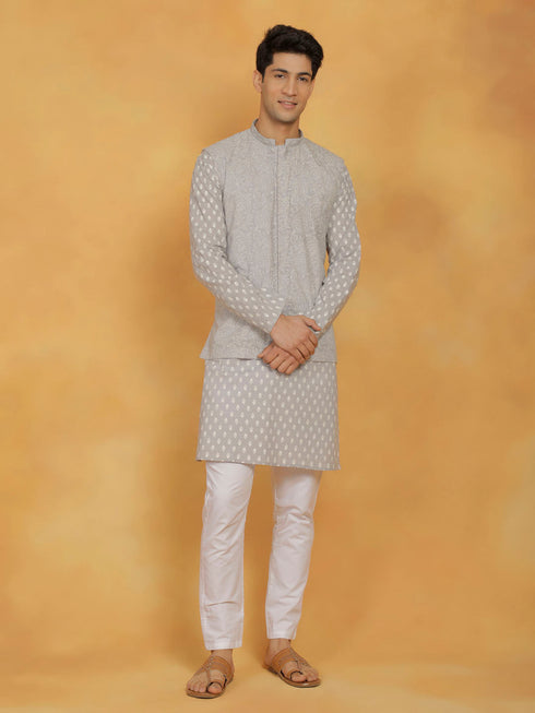 Vastramay Men's Gray And White Cotton Jacket, Kurta and Pyjama Set