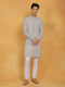 Vastramay Men's Gray And White Cotton Jacket, Kurta and Pyjama Set