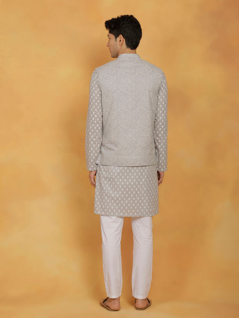 Vastramay Men's Gray And White Cotton Jacket, Kurta and Pyjama Set