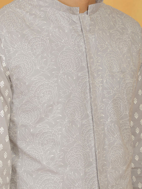 Vastramay Men's Gray And White Cotton Jacket, Kurta and Pyjama Set
