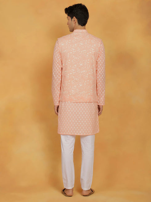 Vastramay Mens Peach And White Cotton Jacket, Kurta And Pyjama Set