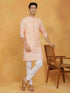 Vastramay Mens Peach And White Cotton Jacket, Kurta And Pyjama Set