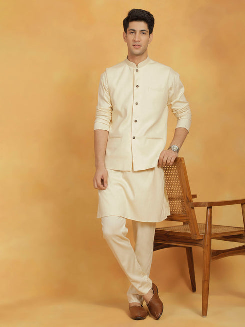 Vastramay Men's Cream Linen Cotton Jacket, Kurta and Pyjama Set