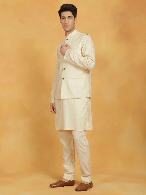 Vastramay Men's Cream Linen Cotton Jacket, Kurta and Pyjama Set