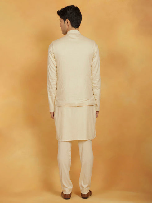 Vastramay Men's Cream Linen Cotton Jacket, Kurta and Pyjama Set