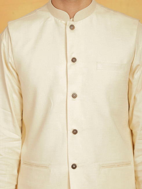 Vastramay Men's Cream Linen Cotton Jacket, Kurta and Pyjama Set