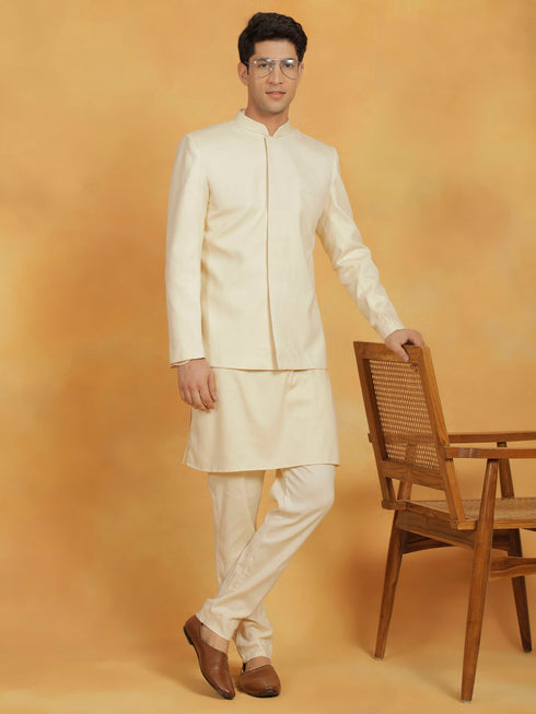 Vastramay Men's Cream Linen Cotton jodhpuri, Kurta and Pyjama Set