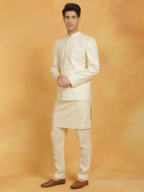 Vastramay Men's Cream Linen Cotton jodhpuri, Kurta and Pyjama Set