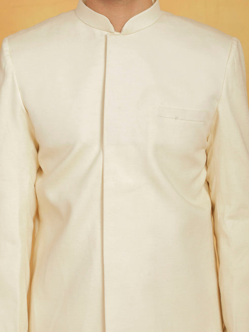 Vastramay Men's Cream Linen Cotton jodhpuri, Kurta and Pyjama Set