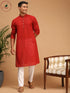 Vastramay Men's Maroon Cotton Handloom Kurta With White Pant Set