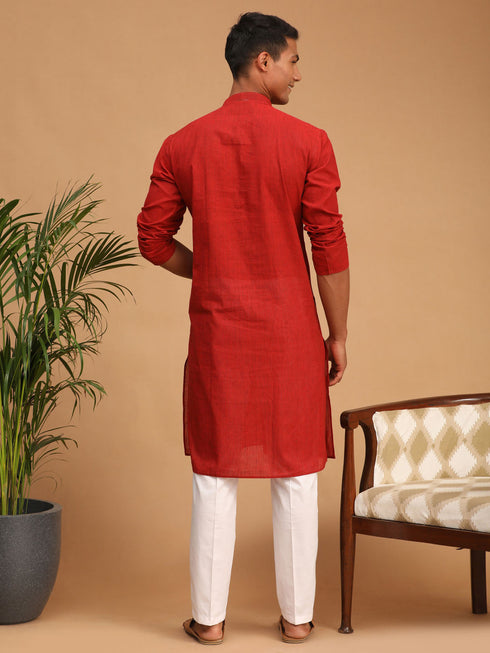Vastramay Men's Maroon Cotton Handloom Kurta With White Pant Set