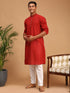 Vastramay Men's Maroon Cotton Handloom Kurta with White Cotton Pant Set