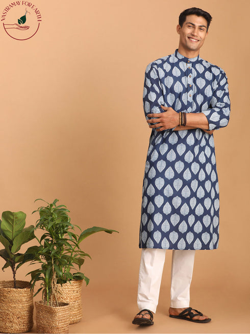 Vastramay Men's Blue Leaf Print cotton Kurta With White Pant Style pyjama Set