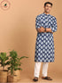 Vastramay Men's Blue Leaf Print cotton Kurta With White Pant Style pyjama Set