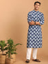 Vastramay Men's Blue Leaf Print cotton Kurta With White Pant Style pyjama Set