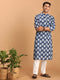 Vastramay Men's Blue Leaf Print cotton Kurta With White Pant Style pyjama Set