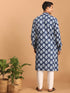 Vastramay Men's Blue Leaf Print cotton Kurta With White Pant Style pyjama Set