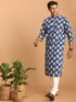 Vastramay Men's Blue Leaf Print cotton Kurta With White Pant Style pyjama Set