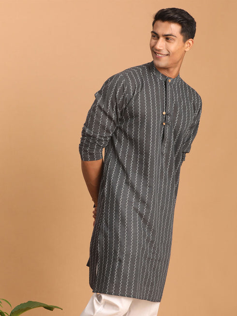 Vastramay Men's Grey jacquard Zig Zag Cotton Kurta