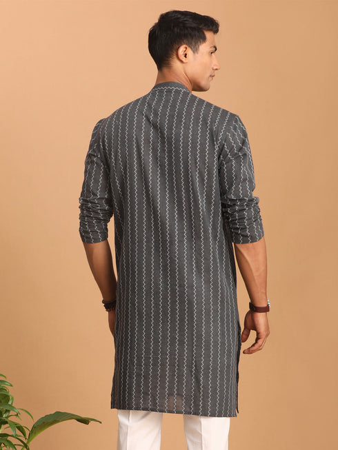 Vastramay Men's Grey jacquard Zig Zag Cotton Kurta