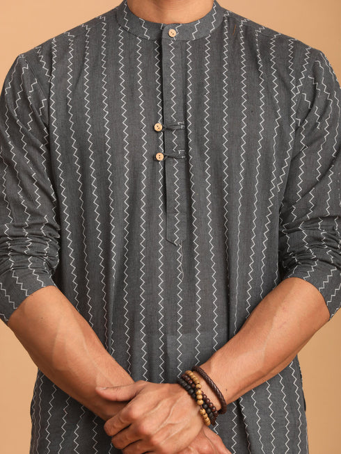 Vastramay Men's Grey jacquard Zig Zag Cotton Kurta