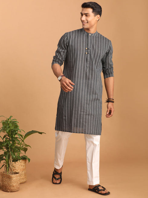 Vastramay Men's Grey jacquard Zig Zag Cotton Kurta