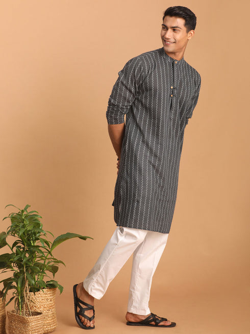 Vastramay Men's Grey jacquard Zig Zag Cotton Kurta With Pant Set