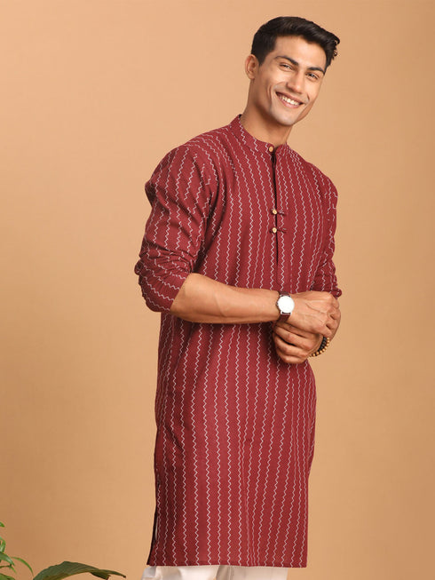 Vastramay Men's Maroon jacquard Zig Zag Cotton Kurta