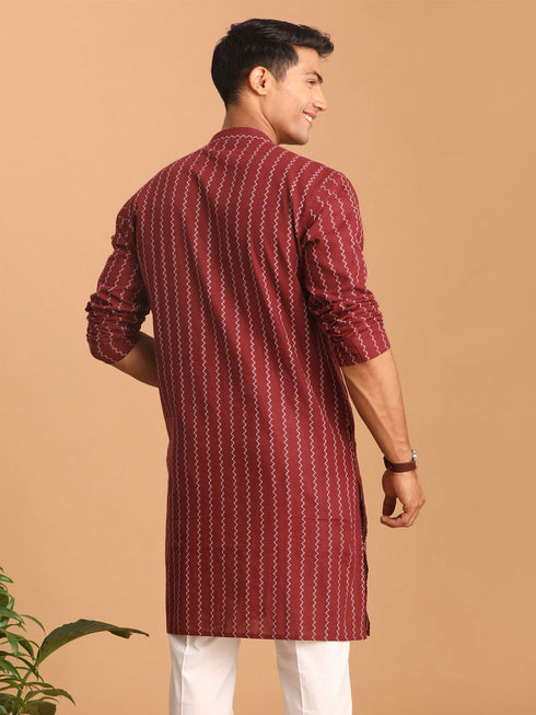 Vastramay Men's Maroon jacquard Zig Zag Cotton Kurta