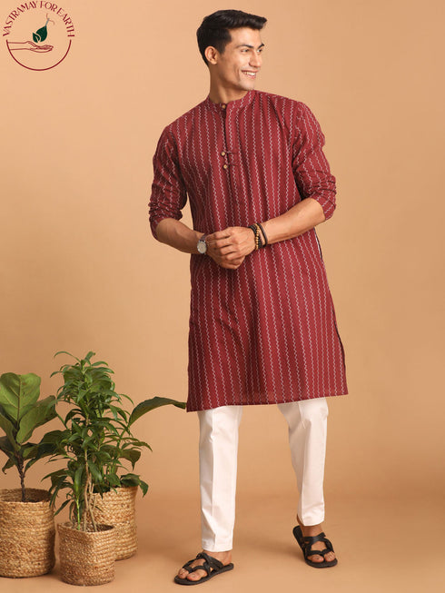 Vastramay Men's Maroon jacquard Zig Zag Cotton Kurta With Pant Set