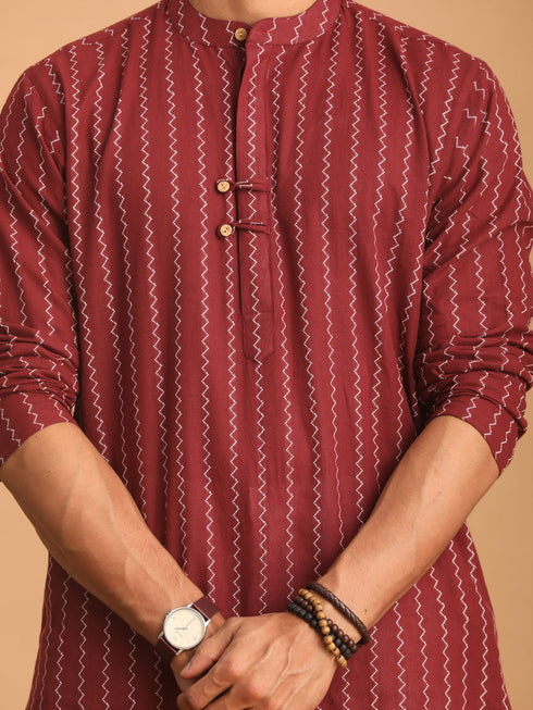 Vastramay Men's Maroon jacquard Zig Zag Cotton Kurta With Pant Set