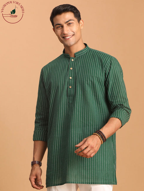 Vastramay Men's Green Striped Cotton Short Kurta