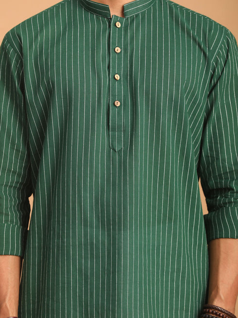 Vastramay Men's Green Striped Cotton Short Kurta