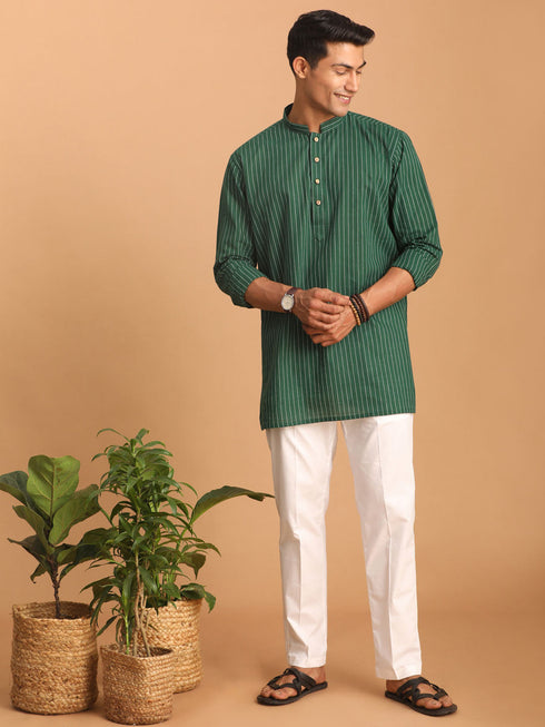 Vastramay Men's Green Striped Cotton Short Kurta