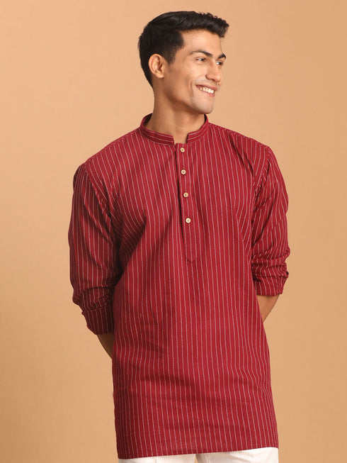 Vastramay Men's Maroon Striped Cotton Short Kurta