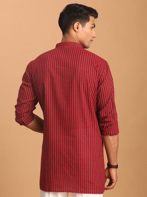 Vastramay Men's Maroon Striped Cotton Short Kurta