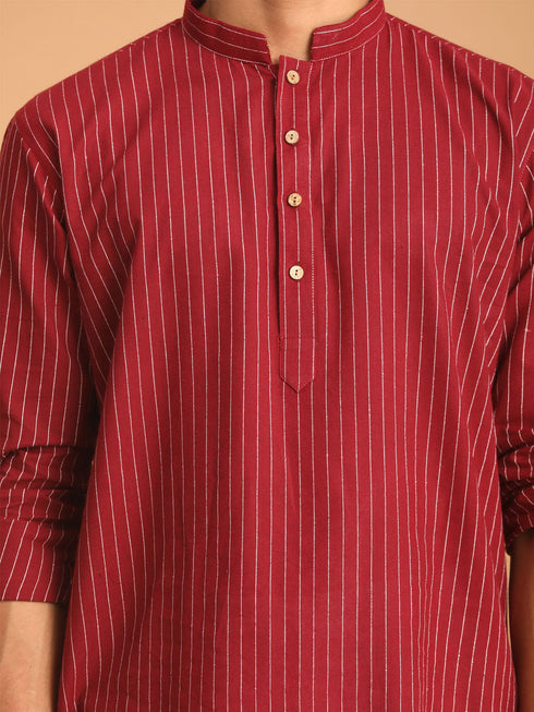 Vastramay Men's Maroon Striped Cotton Short Kurta