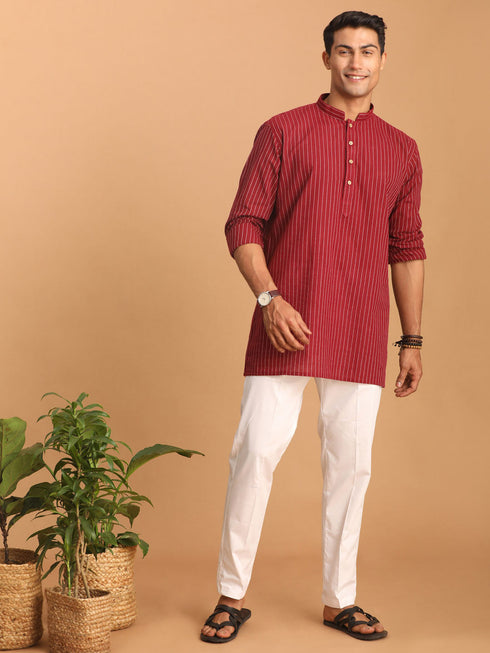 Vastramay Men's Maroon Striped Cotton Short Kurta With White Pant Set