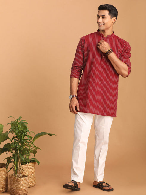 Vastramay Men's Maroon Striped Cotton Short Kurta With White Pant Set