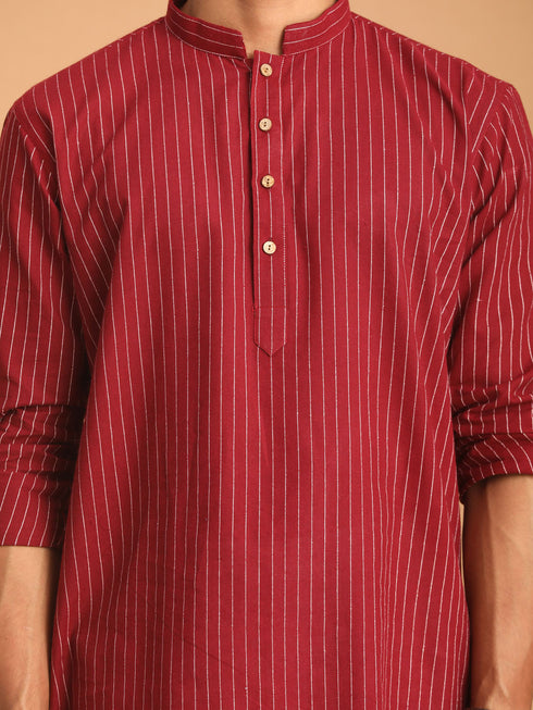 Vastramay Men's Maroon Striped Cotton Short Kurta With White Pant Set