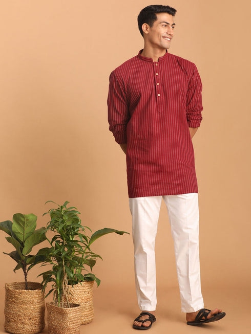 Vastramay Men's Maroon Striped Cotton Short Kurta With White Pant Set