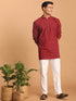 Vastramay Men's Maroon Striped Cotton Short Kurta With White Pant Set