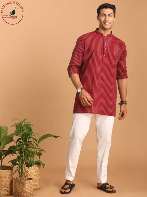 Vastramay Men's Maroon Striped Cotton Short Kurta With White Pant Set