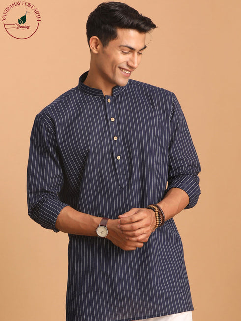 Vastramay Men's Navy Blue Striped Cotton Short Kurta