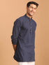 Vastramay Men's Navy Blue Striped Cotton Short Kurta