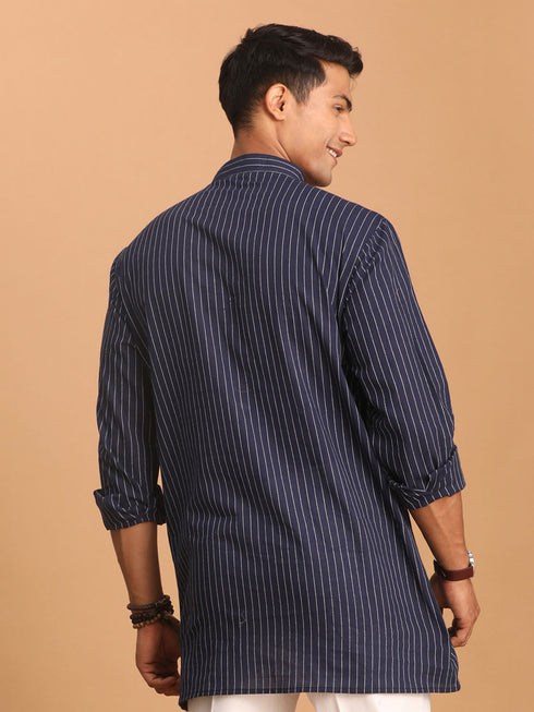 Vastramay Men's Navy Blue Striped Cotton Short Kurta