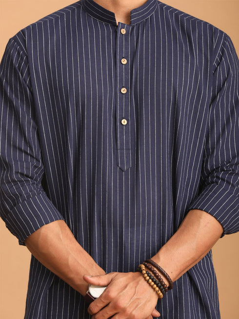 Vastramay Men's Navy Blue Striped Cotton Short Kurta