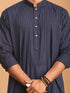 Vastramay Men's Navy Blue Striped Cotton Short Kurta