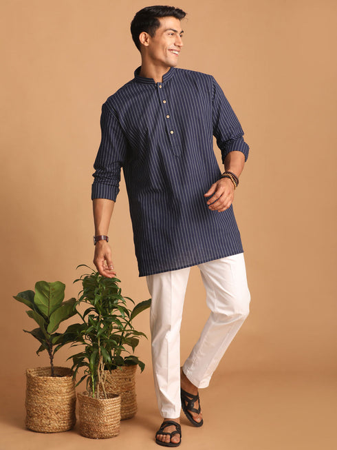 Vastramay Men's Navy Blue Striped Cotton Short Kurta